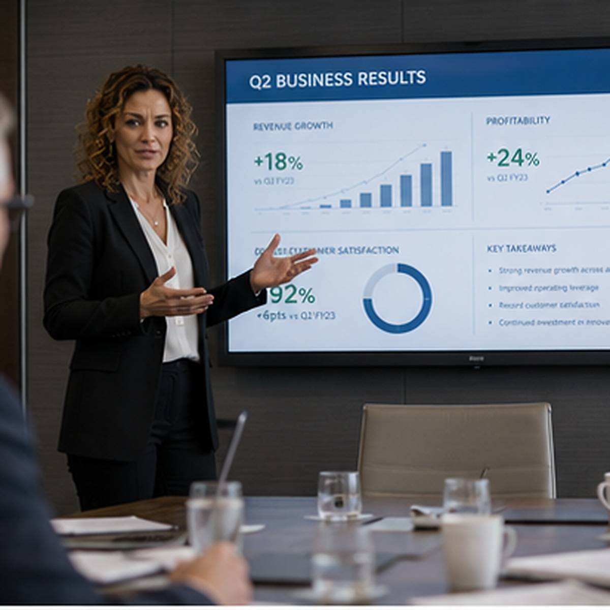 Sally presenting quarterly business results in a boardroom