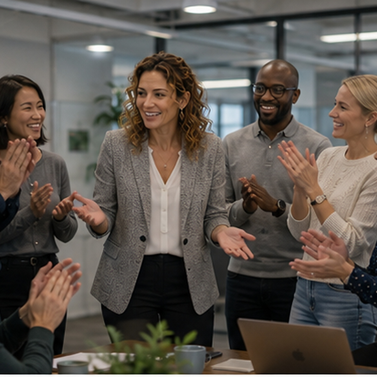 Sally's team applauding after her presentation